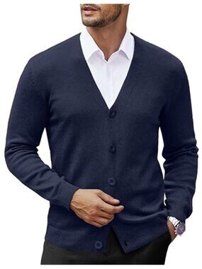 Men V Neck Cardigan Sweater Lightweight Button Down Slim Fit Navy Blue Knit